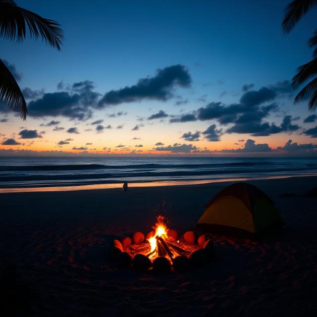 Fogueira em praia isolada ao entardecer